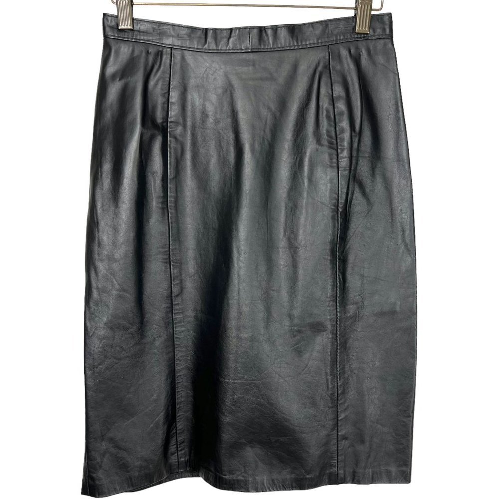 Vintage 90s Black Leather Straight Mini Skirt Size 8